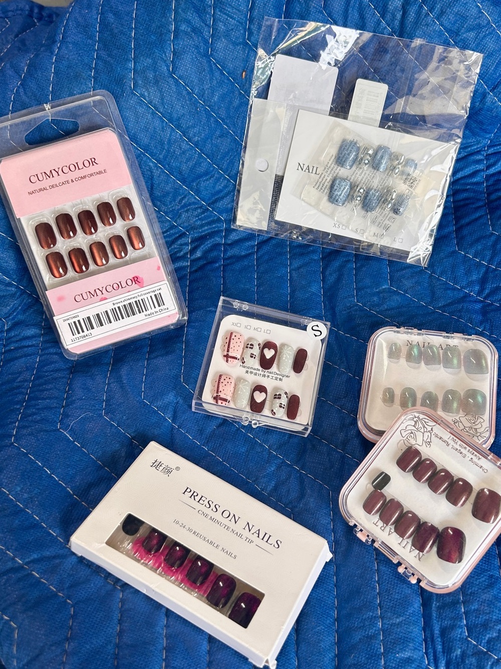 6 sets PRESS ON NAILS Size S Short Shimmery Blue & Brown Wine Silver Hearts/love